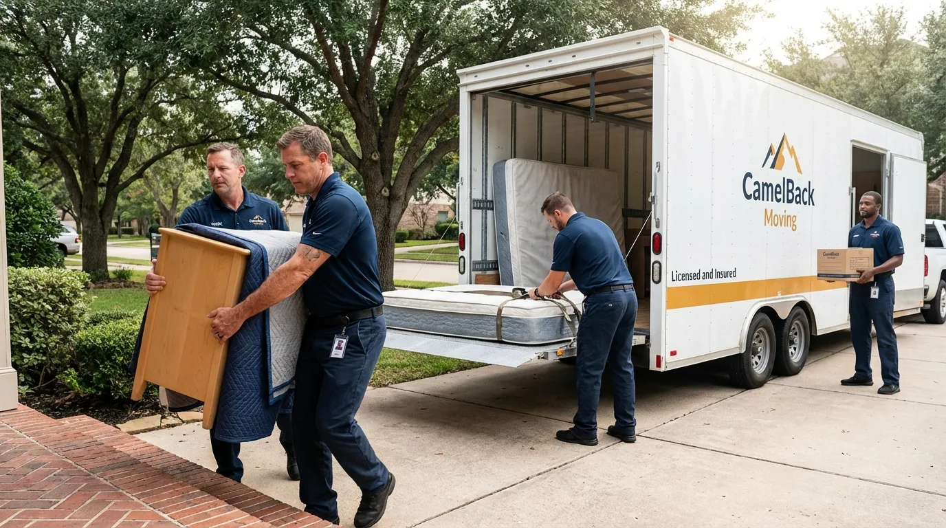 Crew loading residential truck for cross-state move from Rockport, ME