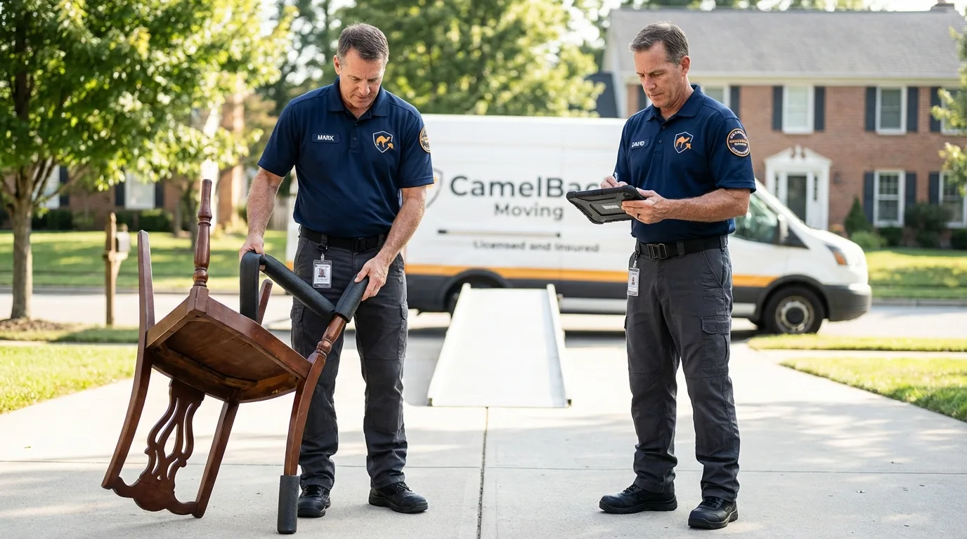 Movers inspecting furniture for damage prevention before loading in Rockport, ME