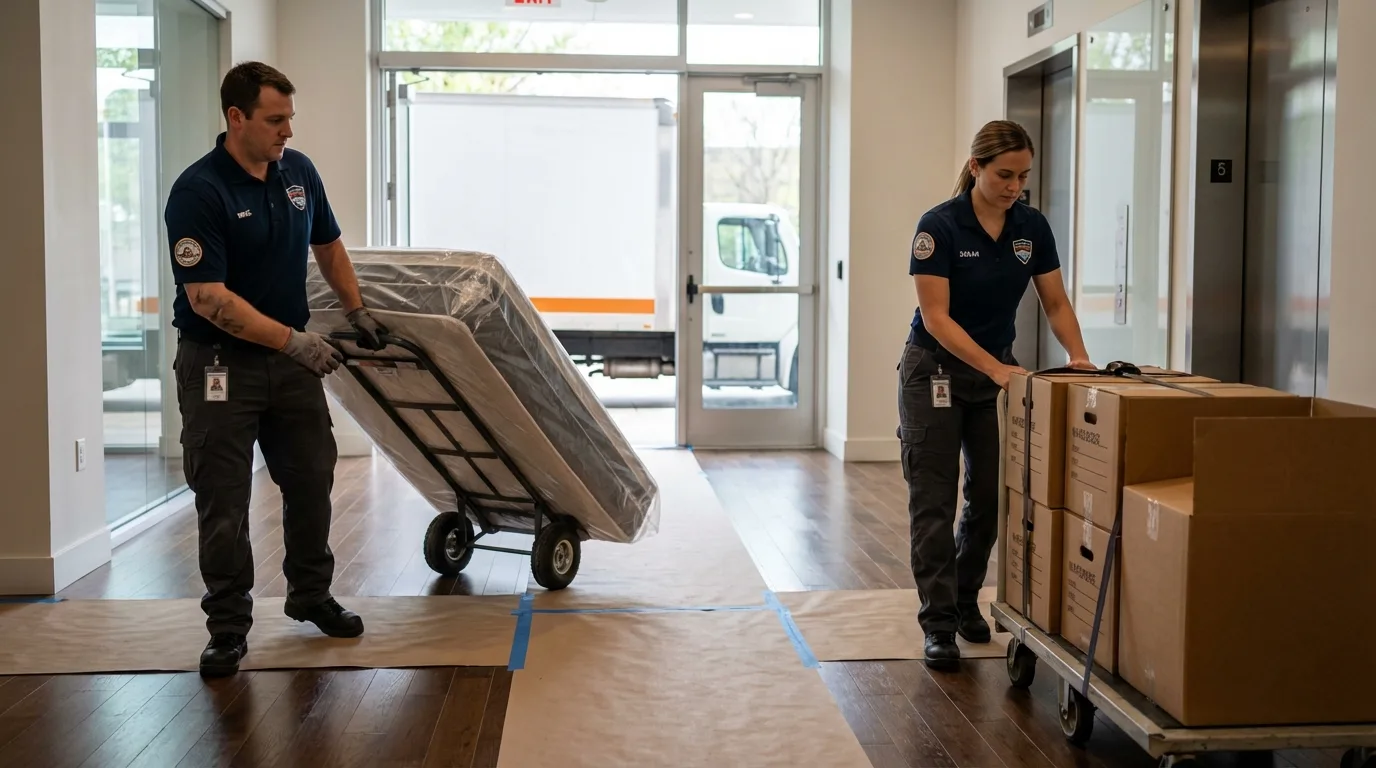 Professional apartment movers loading elevator in Rockport, ME