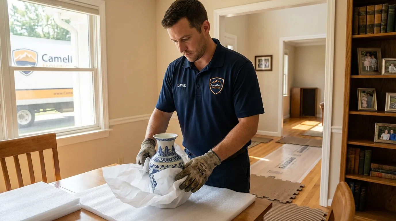 Professional crew carefully wrapping antique vase for senior downsizing move in Rockport, ME